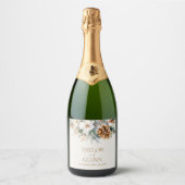 Winter Pine Tree Bloemen Bloementuin Trouwen Sparkling Wijnetiket (Voorkant)