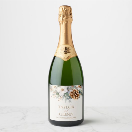 Winter Pine Tree Bloemen Bloementuin Trouwen Sparkling Wijnetiket (Voorkant)