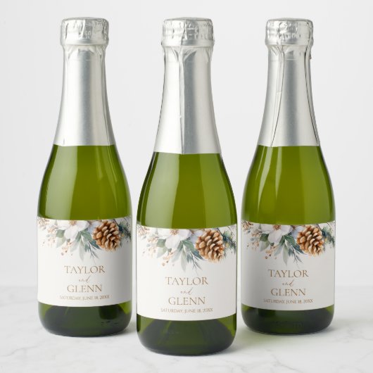 Winter Pine Tree Bloemen Bloementuin Trouwen Sparkling Wijnetiket (Flessen)