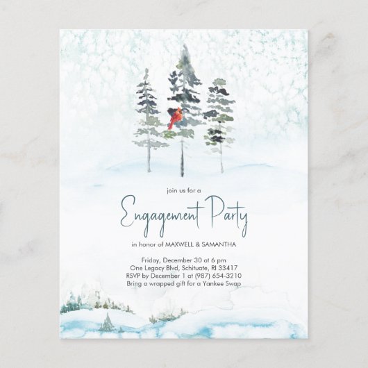 Winter Pine Tree Budget Engagement Party uitnodigt (Voorkant)
