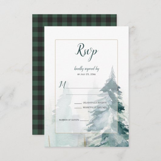 Winter Pine Tree Buffel Plaid Bruiloft RSVP (Voorkant / Achterkant)