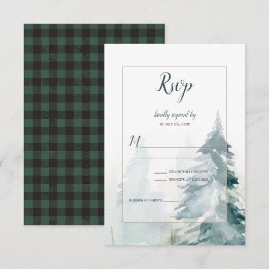 Winter Pine Tree Buffel Plaid Bruiloft RSVP Kaartje (Voorkant / Achterkant)