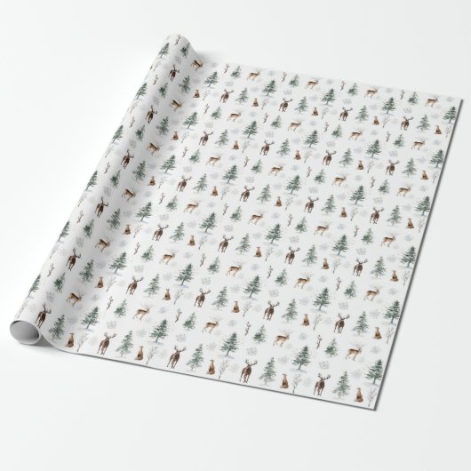 Winter Pine Tree Christmas Wrapping Paper, Herten Cadeaupapier (Uitgerold)