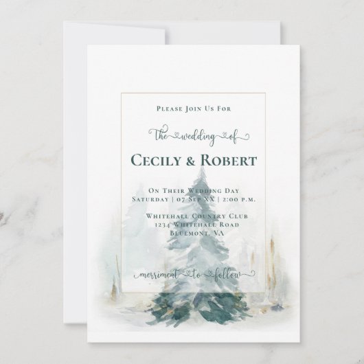 Winter Pine Tree en Buffalo Plaid Bruiloft Kaart (Voorkant)