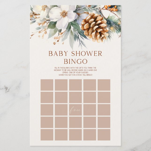 Winter Pine Tree Floral Bingo Baby shower spel (Voorkant)