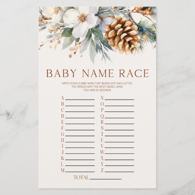 Winter Pine Tree Floral Naam Race Baby shower Game (Voorkant)