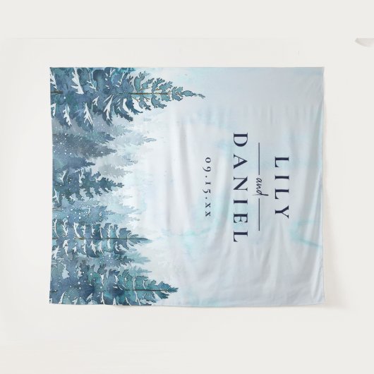 Winter Pine Tree Forest bruiloft foto achtergrond Wandkleed (Voorkant (horizontaal))