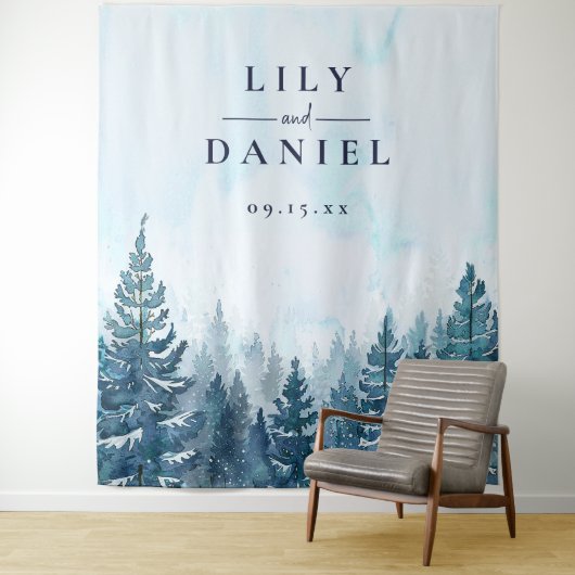 Winter Pine Tree Forest bruiloft foto achtergrond Wandkleed (In situ)