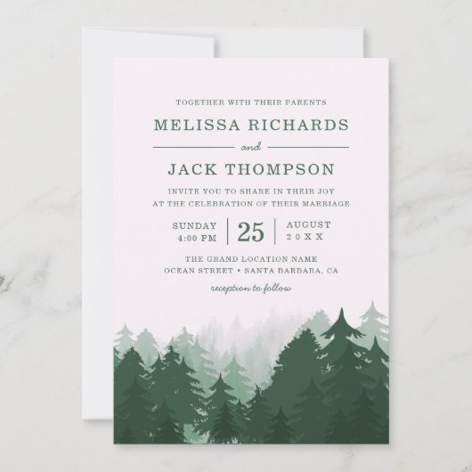 Winter Pine Tree Forest Green Rustic Wedding Kaart (Voorkant)