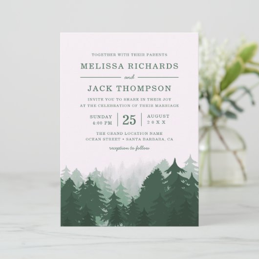 Winter Pine Tree Forest Green Rustic Wedding Kaart (Staand voorkant)