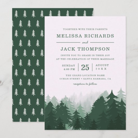 Winter Pine Tree Forest Green Rustic Wedding Kaart (Voorkant / Achterkant)