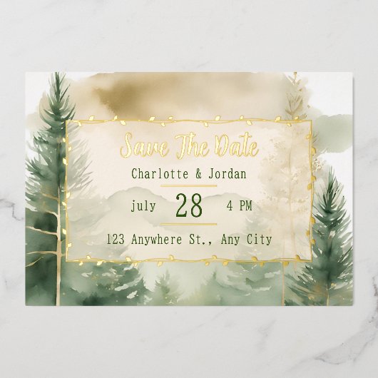 Winter Pine Tree Forest Monogram Opslaan van de da Folie Uitnodiging (Voorkant)