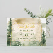Winter Pine Tree Forest Monogram Opslaan van de da Folie Uitnodiging (Staand Voorkant)