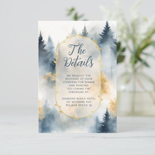 Winter Pine Tree Forest rustieke bruiloft details Informatiekaartje (Staand voorkant)