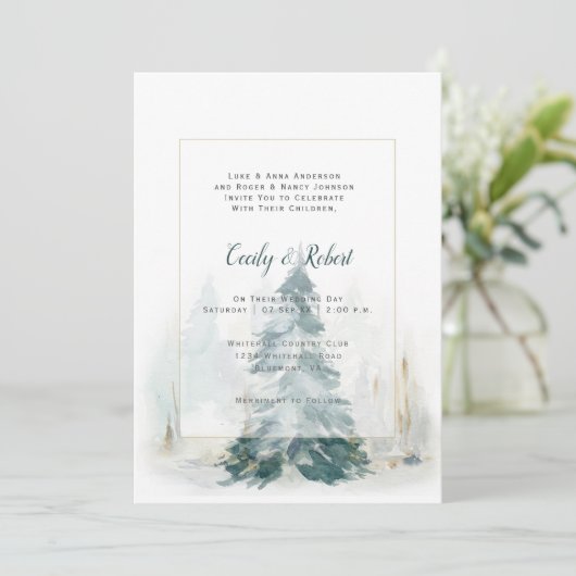 Winter Pine Tree Groene Buffel Plaid Bruiloft Kaart (Staand voorkant)