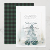 Winter Pine Tree Groene Buffel Plaid Bruiloft Kaart (Voorkant / Achterkant)
