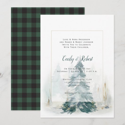 Winter Pine Tree Groene Buffel Plaid Bruiloft Kaart (Voorkant / Achterkant)