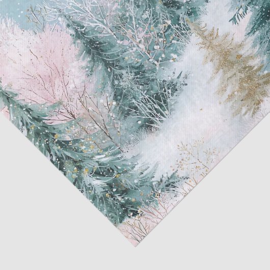 Winter Pine Tree Landscape Art with Pink & Gold Tissuepapier (Detail)