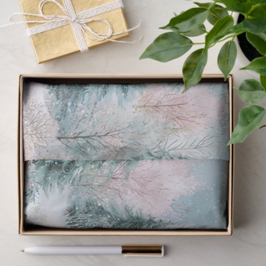 Winter Pine Tree Landscape Art with Pink & Gold Tissuepapier (Geschenk)