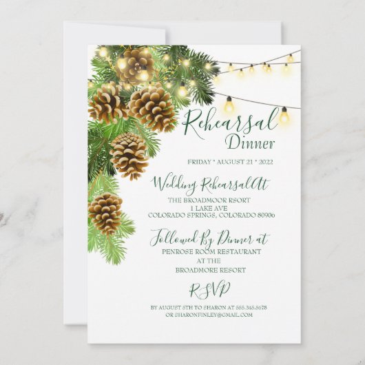 Winter Pine Tree & Pine Cones Rehearsal Dinner Kaart (Achterkant)