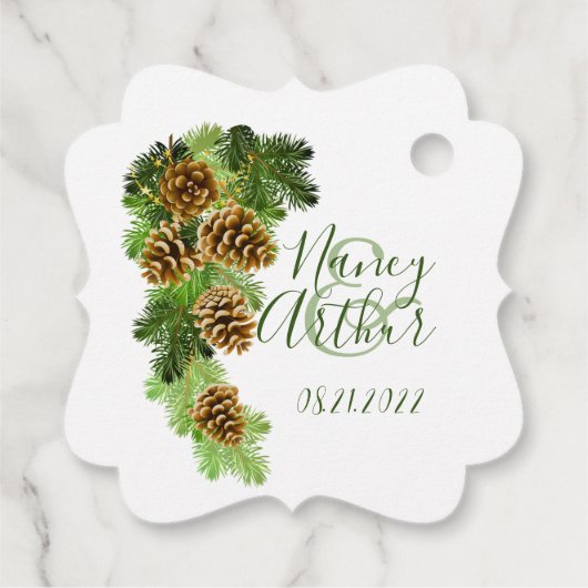 Winter Pine Tree & Pine Cones Weddenschap Bedankjes Labels (Achterkant)