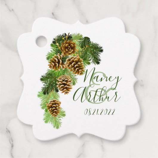 Winter Pine Tree & Pine Cones Weddenschap Bedankjes Labels (Voorkant)