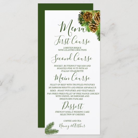 Winter Pine Tree & Pine Cones Weddenschap Menu (Voorkant / Achterkant)