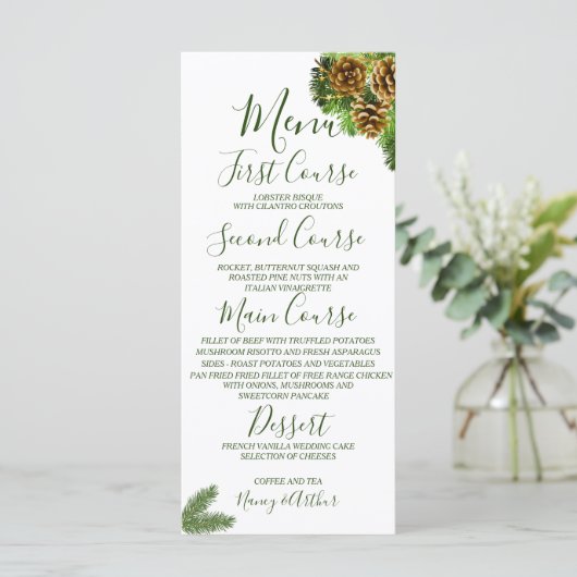 Winter Pine Tree & Pine Cones Weddenschap Menu (Staand voorkant)
