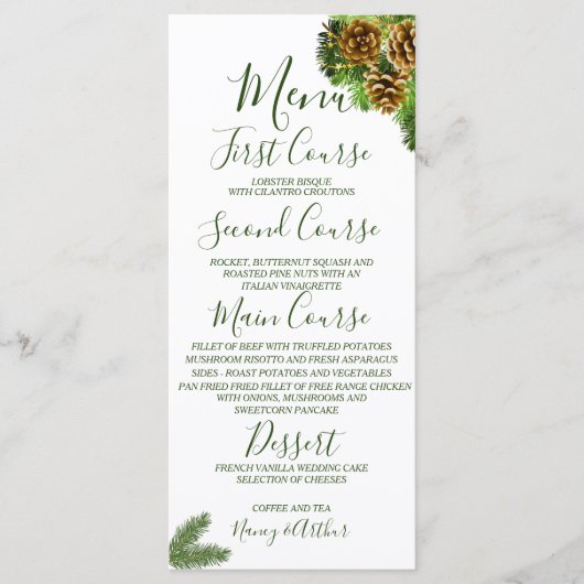 Winter Pine Tree & Pine Cones Weddenschap Menu (Voorkant)