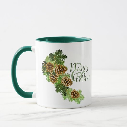 Winter Pine Tree & Pine Cones Weddenschap Mok (Links)