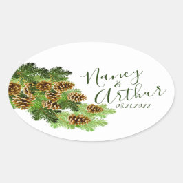 Winter Pine Tree & Pine Cones Weddenschap Ovale Sticker
