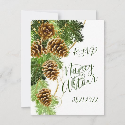 Winter Pine Tree & Pine Cones Wedding RSVP Kaart (Voorkant)