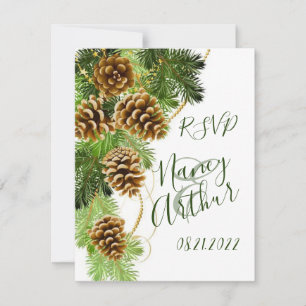 Winter Pine Tree & Pine Cones Wedding RSVP Kaart