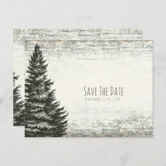 Winter Pine Tree Rustic Wood Save the Date Aankondigingskaart (Voorkant / Achterkant)