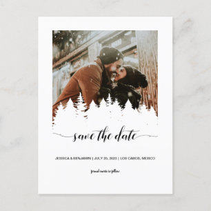 Winter Pine Tree Script Photo Save the Date Uitnodiging Briefkaart