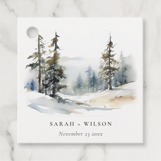 Winter Pine Tree Sneeuwlandschap Waterverf bruilof Bedankjes Labels (Voorkant)