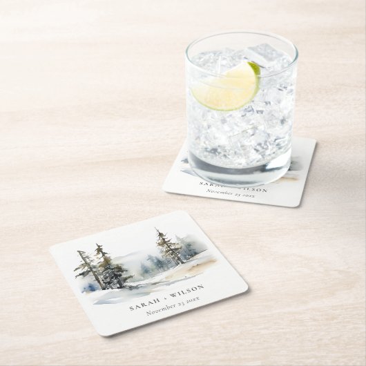 Winter Pine Tree Sneeuwlandschap Waterverf bruilof Kartonnen Onderzetters (Insitu)