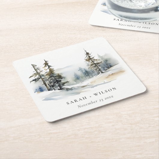Winter Pine Tree Sneeuwlandschap Waterverf bruilof Kartonnen Onderzetters (Schuin)