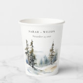 Winter Pine Tree Sneeuwlandschap Waterverf bruilof Papieren Bekers (Achterkant)