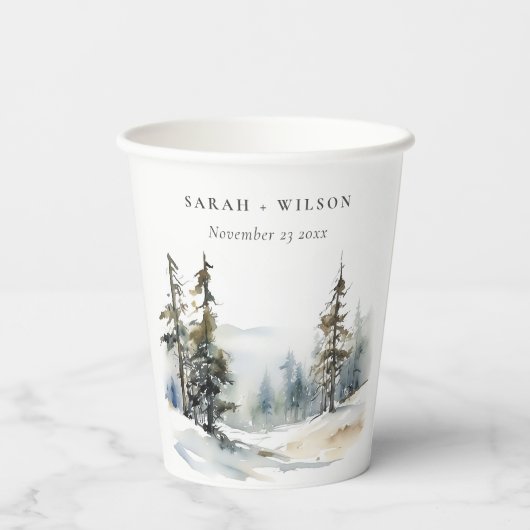 Winter Pine Tree Sneeuwlandschap Waterverf bruilof Papieren Bekers (Achterkant)