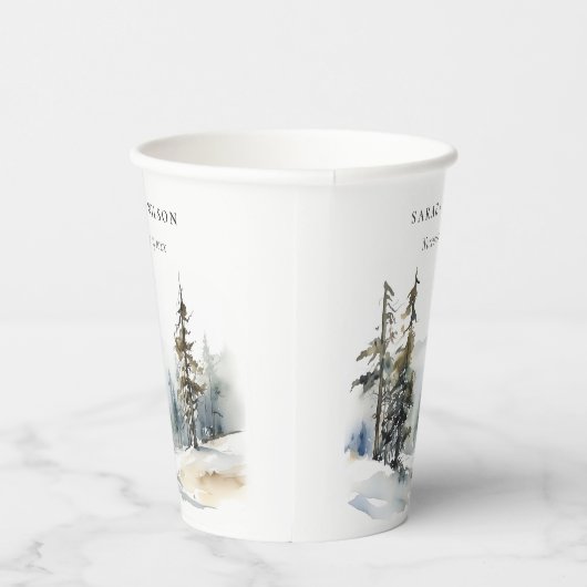 Winter Pine Tree Sneeuwlandschap Waterverf bruilof Papieren Bekers (Rechts)