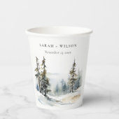 Winter Pine Tree Sneeuwlandschap Waterverf bruilof Papieren Bekers (Voorkant)