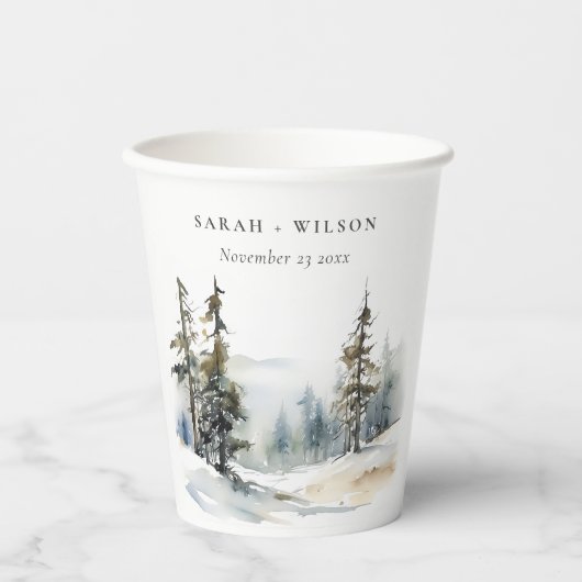 Winter Pine Tree Sneeuwlandschap Waterverf bruilof Papieren Bekers (Voorkant)