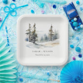Winter Pine Tree Sneeuwlandschap Waterverf bruilof Papieren Bordje (Feest)
