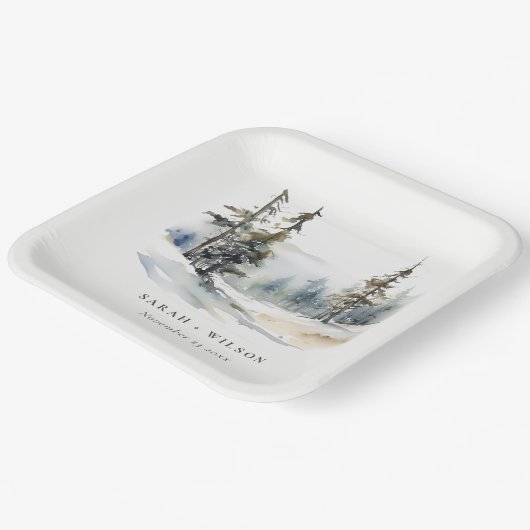 Winter Pine Tree Sneeuwlandschap Waterverf bruilof Papieren Bordje (Gebogen)