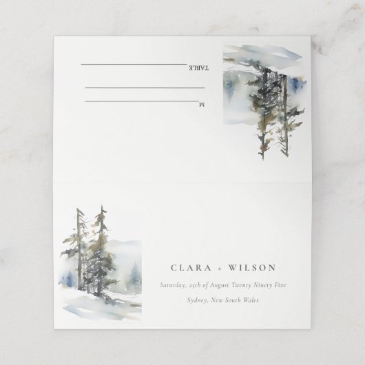 Winter Pine Tree Sneeuwlandschap Waterverf bruilof Plaatskaartje (Buitenkant ongevouwen)