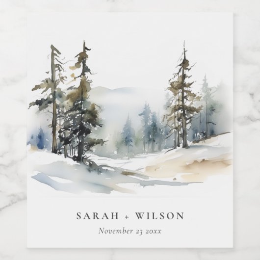 Winter Pine Tree Sneeuwlandschap Waterverf bruilof Wijn Etiket (Enkel label)