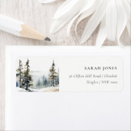 Winter Pine Tree Snow Landscape Waterverf Adres Etiket