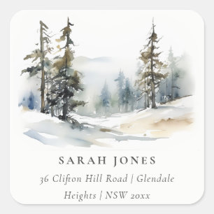 Winter Pine Tree Snow Landscape Waterverf Adres Vierkante Sticker