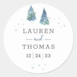 Winter Pine Tree Waterverf Bruiloft Ronde Sticker
